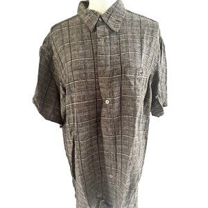 Haggar Mens Washable Linen Blend Plaid Button-Down Shirt Gray Short Sleeve XL